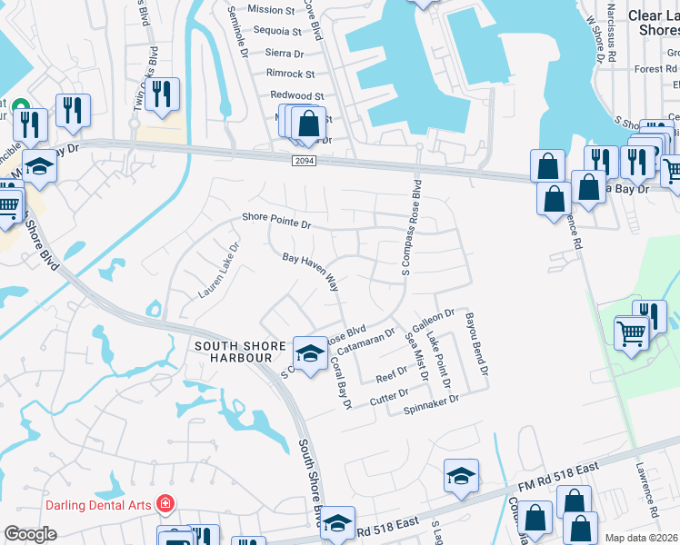map of restaurants, bars, coffee shops, grocery stores, and more near 2011 Inscho Point Circle in League City