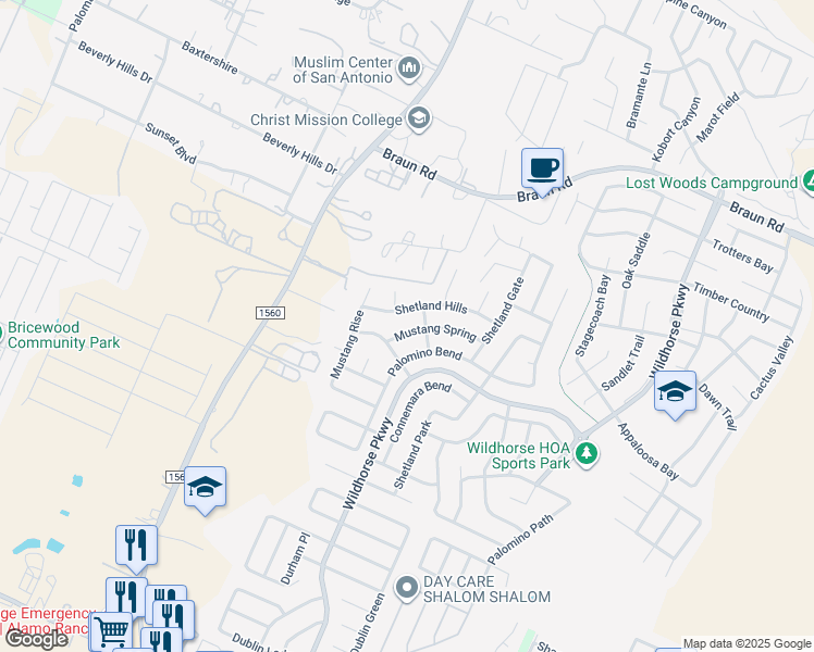 map of restaurants, bars, coffee shops, grocery stores, and more near 11011 Palomino Bend in San Antonio