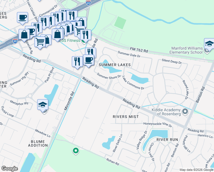 map of restaurants, bars, coffee shops, grocery stores, and more near 7718 Deep Green Drive in Rosenberg