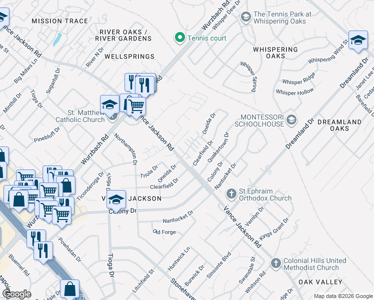 map of restaurants, bars, coffee shops, grocery stores, and more near 6106 Vance Jackson Road in San Antonio