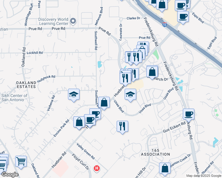 map of restaurants, bars, coffee shops, grocery stores, and more near 10007 Huebner Road in San Antonio