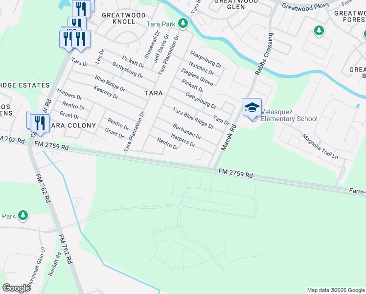 map of restaurants, bars, coffee shops, grocery stores, and more near 7415 FM 2759 Road in Richmond