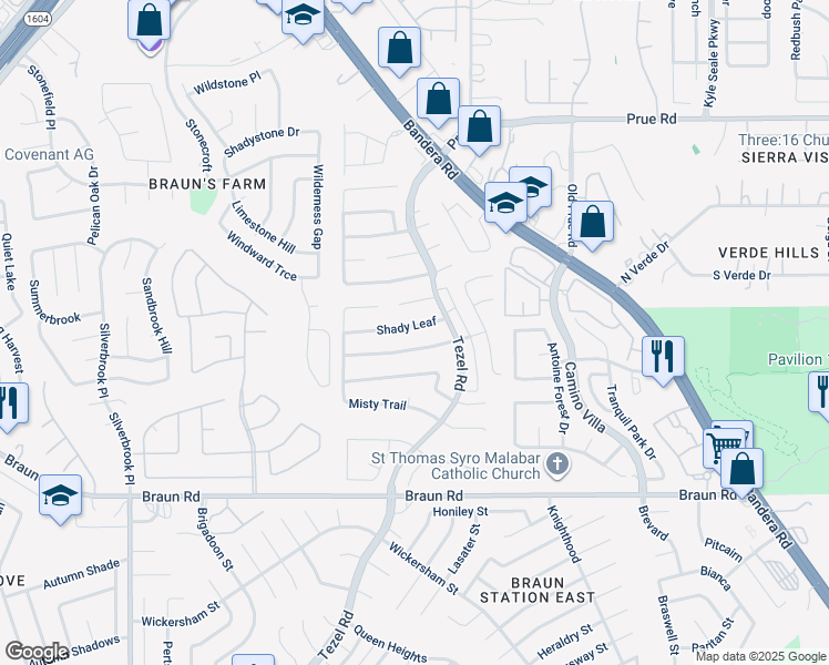 map of restaurants, bars, coffee shops, grocery stores, and more near 8830 Shady Winds in San Antonio