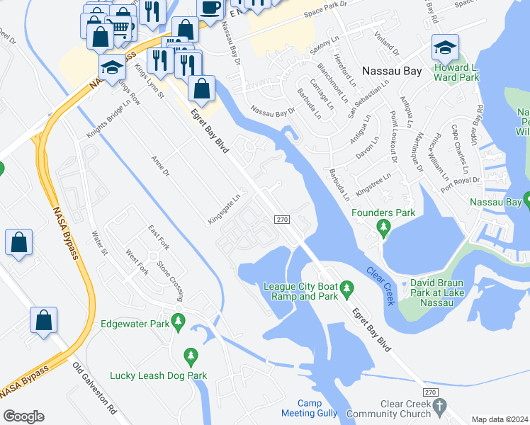 map of restaurants, bars, coffee shops, grocery stores, and more near 18568 Egret Bay Boulevard in Houston