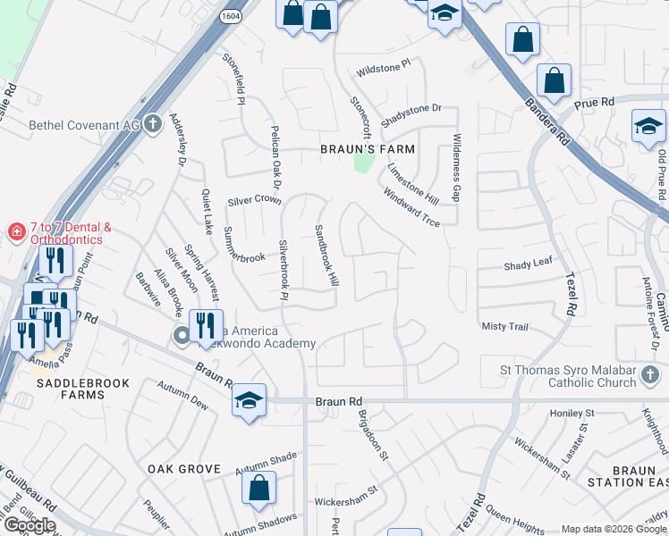 map of restaurants, bars, coffee shops, grocery stores, and more near 10022 Sandbrook Hill in San Antonio