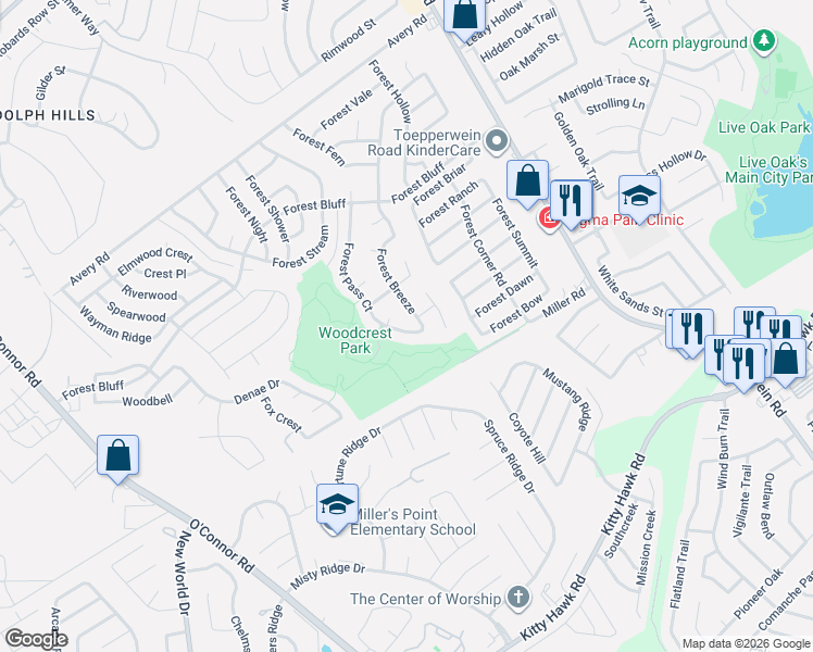 map of restaurants, bars, coffee shops, grocery stores, and more near 11007 Forest Pass Court in Live Oak