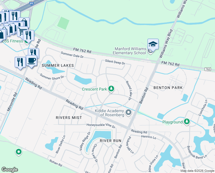 map of restaurants, bars, coffee shops, grocery stores, and more near 319 Summer Crescent Drive in Rosenberg