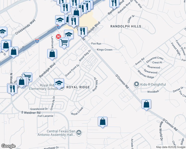 map of restaurants, bars, coffee shops, grocery stores, and more near 10803 Crown View in San Antonio