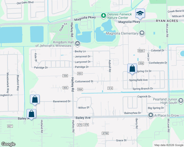 map of restaurants, bars, coffee shops, grocery stores, and more near 5833 Patridge Drive in Pearland