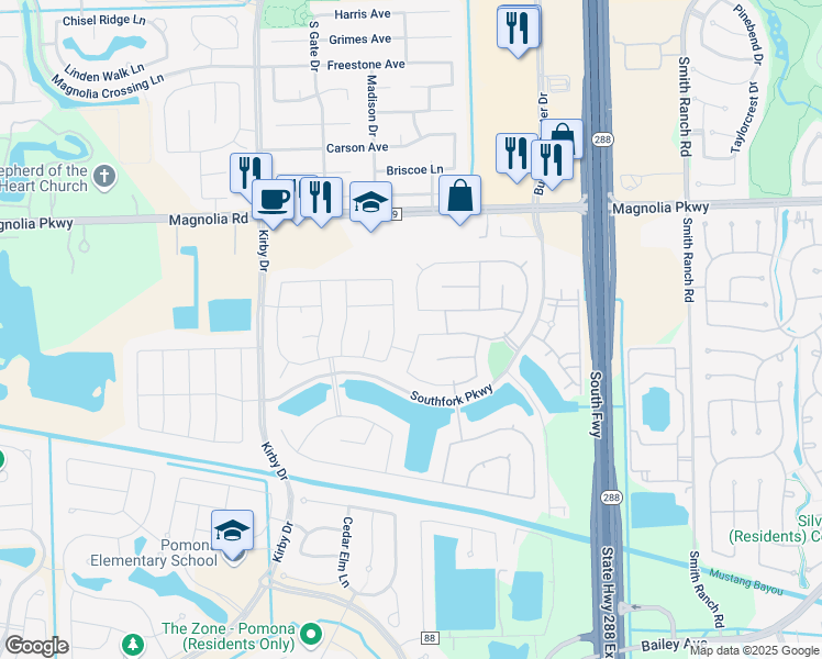 map of restaurants, bars, coffee shops, grocery stores, and more near 3323 Barnes Lane in Manvel