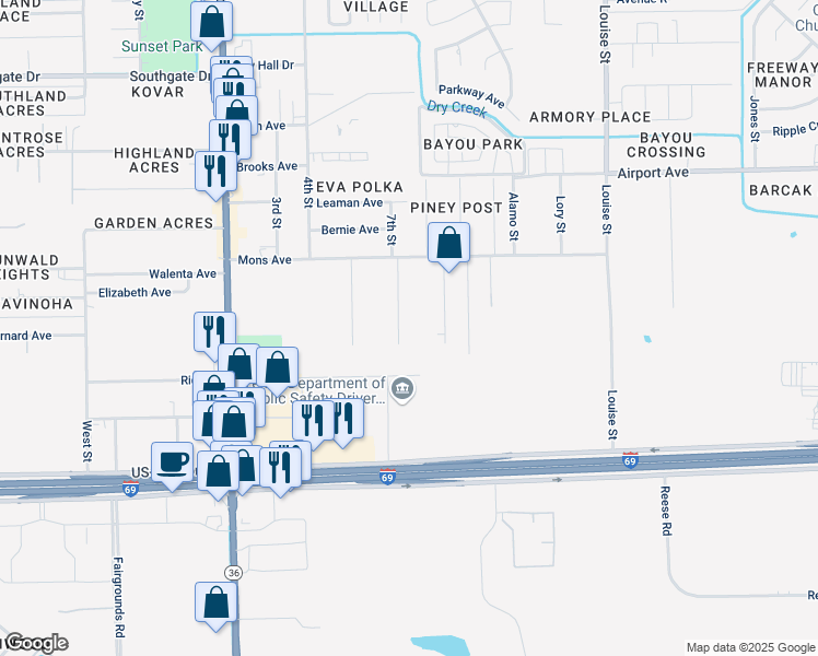 map of restaurants, bars, coffee shops, grocery stores, and more near 2814 Talasek Street in Rosenberg