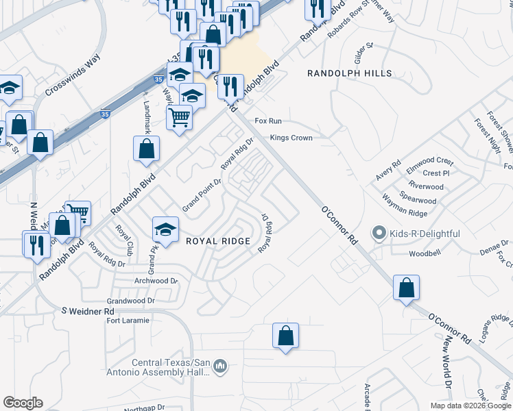map of restaurants, bars, coffee shops, grocery stores, and more near 10803 Crown View in San Antonio