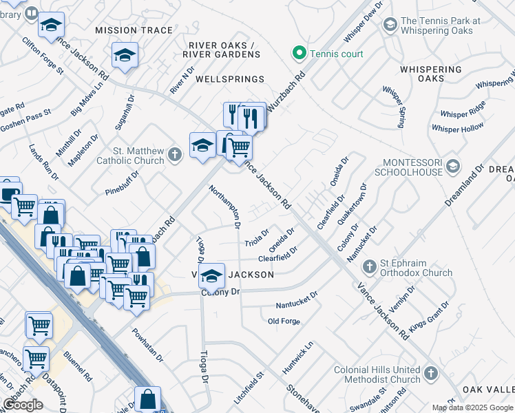 map of restaurants, bars, coffee shops, grocery stores, and more near 28 Vance Jackson Road in San Antonio