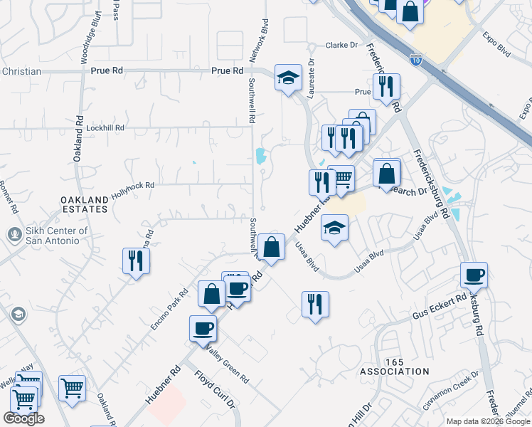 map of restaurants, bars, coffee shops, grocery stores, and more near 10240 Southwell Road in San Antonio