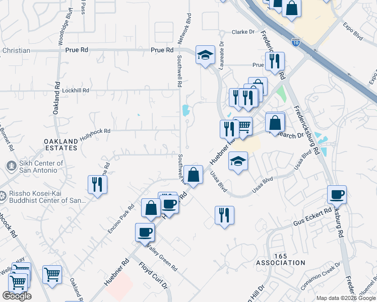 map of restaurants, bars, coffee shops, grocery stores, and more near 10240 Southwell Road in San Antonio