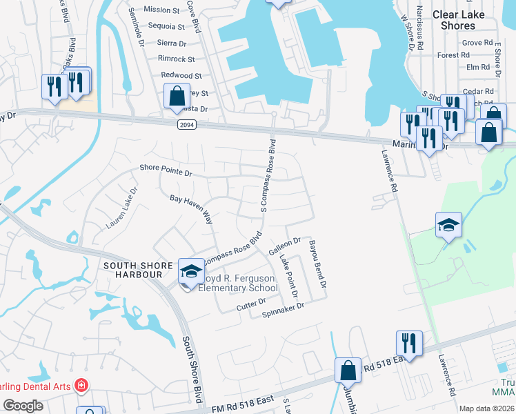 map of restaurants, bars, coffee shops, grocery stores, and more near 2202 Summer Reef Drive in League City