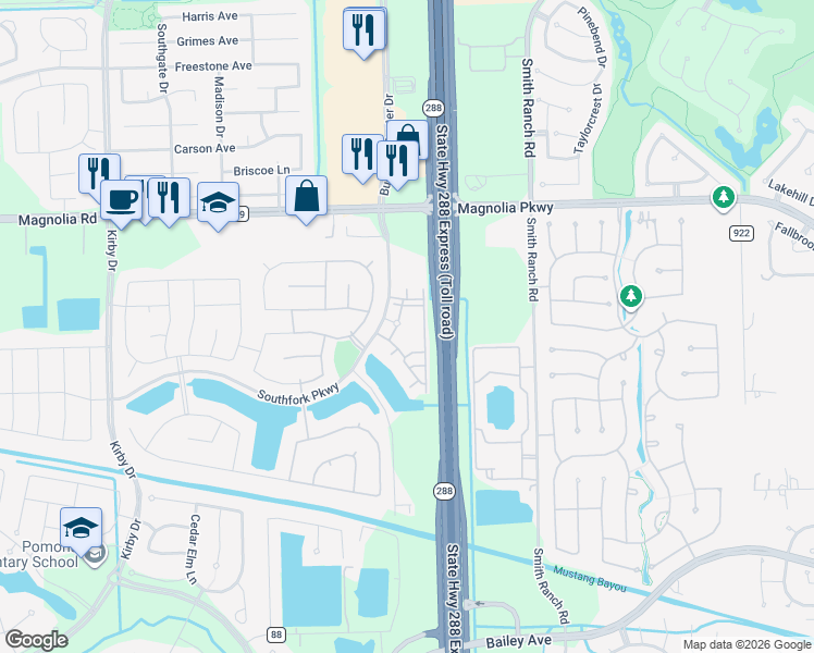 map of restaurants, bars, coffee shops, grocery stores, and more near 3333 Southfork Parkway in Manvel