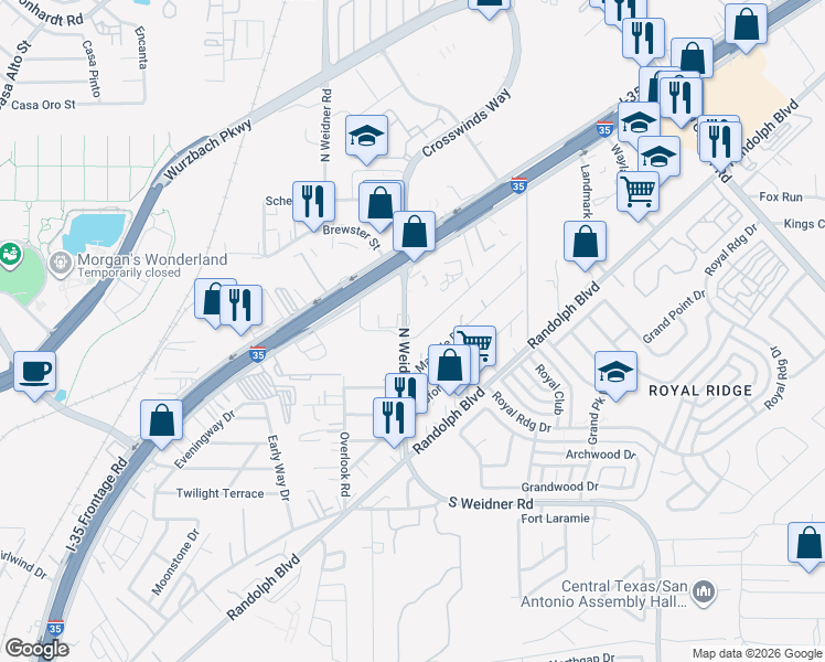 map of restaurants, bars, coffee shops, grocery stores, and more near 5615 Bienville Drive in San Antonio