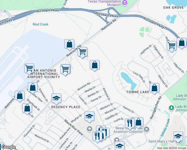 map of restaurants, bars, coffee shops, grocery stores, and more near 10518 Merritime Court in San Antonio
