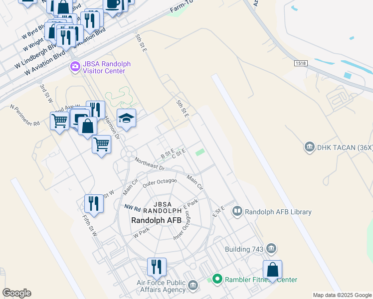 map of restaurants, bars, coffee shops, grocery stores, and more near 1001 Fourth Street East in Randolph Air Force Base