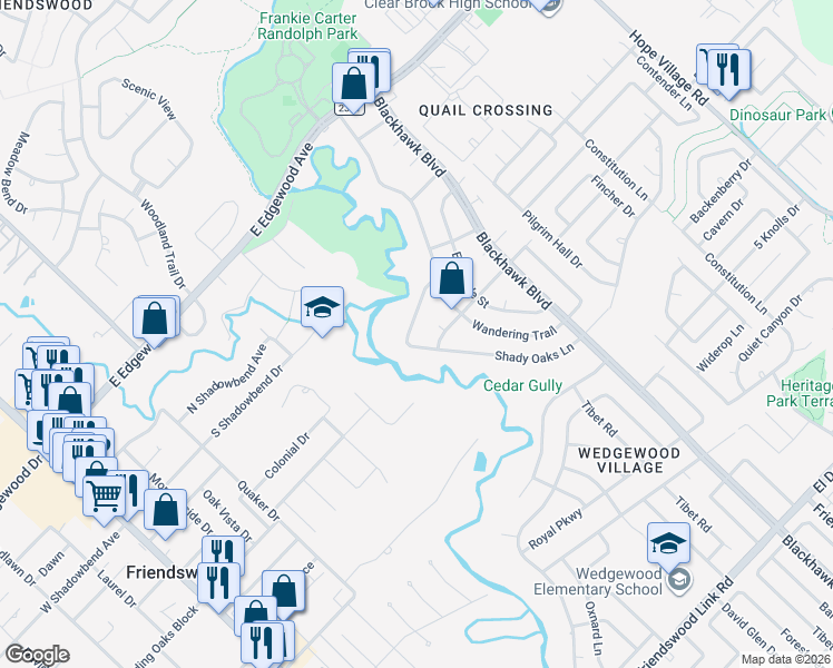 map of restaurants, bars, coffee shops, grocery stores, and more near 5303 Kingsmill Road in Friendswood
