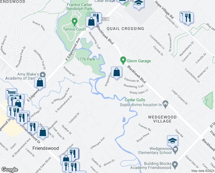 map of restaurants, bars, coffee shops, grocery stores, and more near 5315 Kingsmill Road in Friendswood