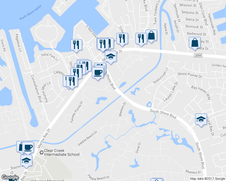 map of restaurants, bars, coffee shops, grocery stores, and more near 101 Courageous Drive in League City