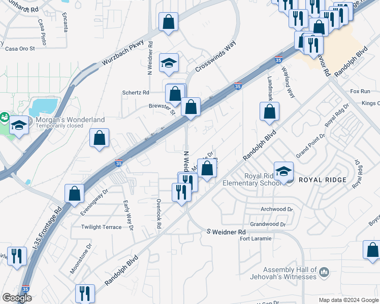 map of restaurants, bars, coffee shops, grocery stores, and more near 5615 Bienville Drive in San Antonio