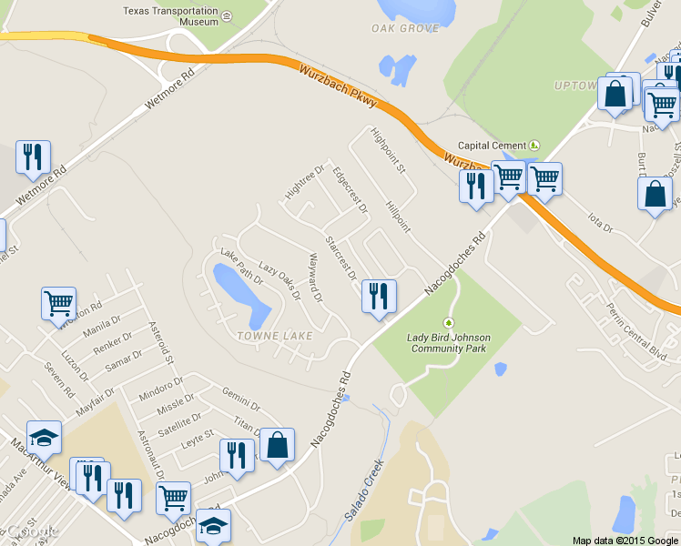 map of restaurants, bars, coffee shops, grocery stores, and more near 10661 Starcrest Drive in San Antonio