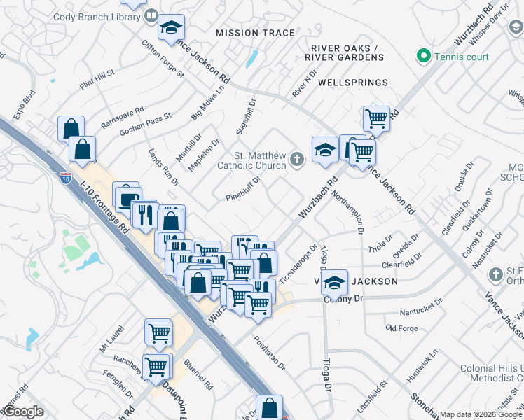map of restaurants, bars, coffee shops, grocery stores, and more near 10422 Greenbay in San Antonio