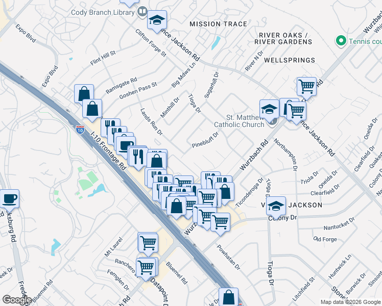 map of restaurants, bars, coffee shops, grocery stores, and more near 10511 Pinedale Drive in San Antonio