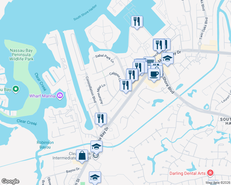 map of restaurants, bars, coffee shops, grocery stores, and more near 119 Mariner Cove Court in League City