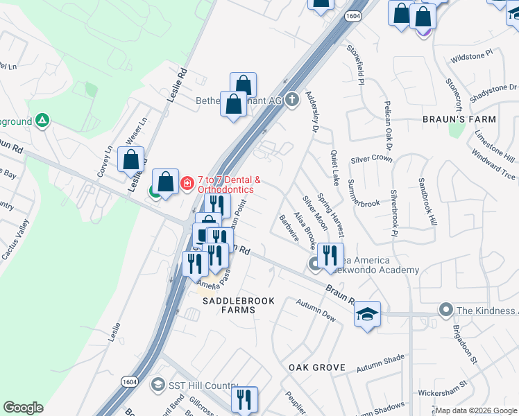 map of restaurants, bars, coffee shops, grocery stores, and more near 10038 Regal Point in San Antonio