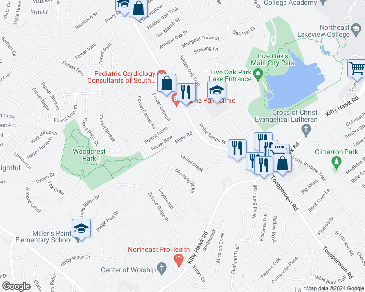 map of restaurants, bars, coffee shops, grocery stores, and more near 10819 Laurel Creek in Converse