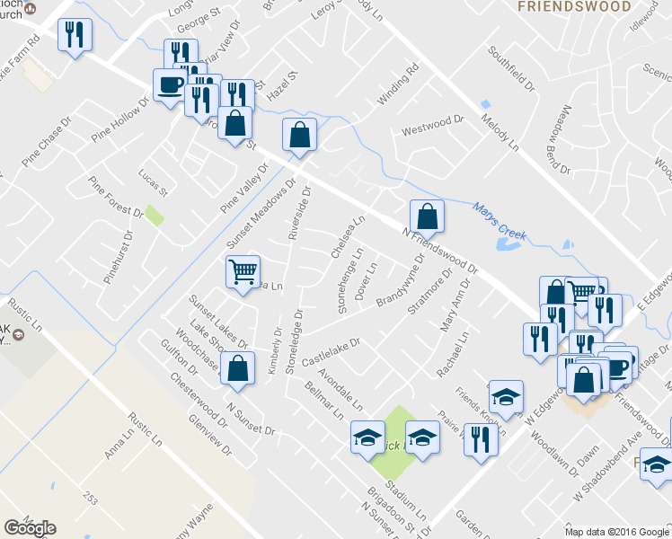 map of restaurants, bars, coffee shops, grocery stores, and more near 303 Chelsea Lane in Friendswood