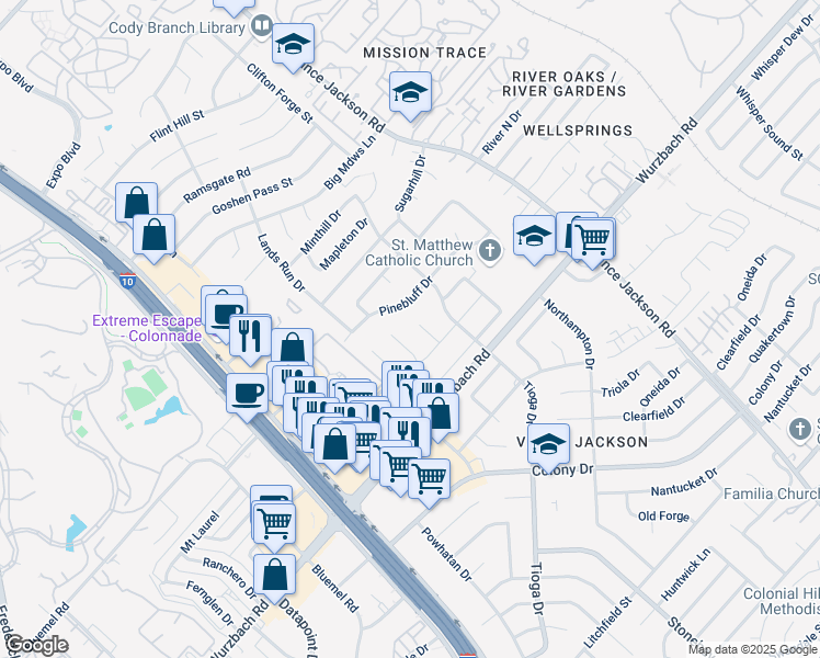 map of restaurants, bars, coffee shops, grocery stores, and more near 10422 Greenbay in San Antonio