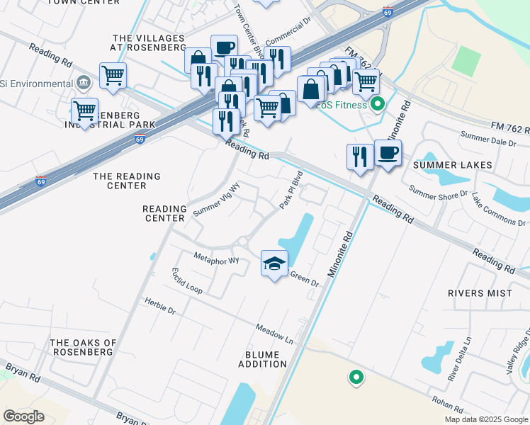 map of restaurants, bars, coffee shops, grocery stores, and more near 5915 Continental Drive in Rosenberg