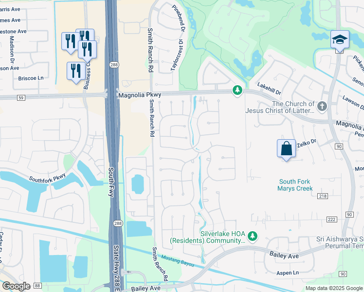 map of restaurants, bars, coffee shops, grocery stores, and more near 3418 Aspen Lake Drive in Manvel