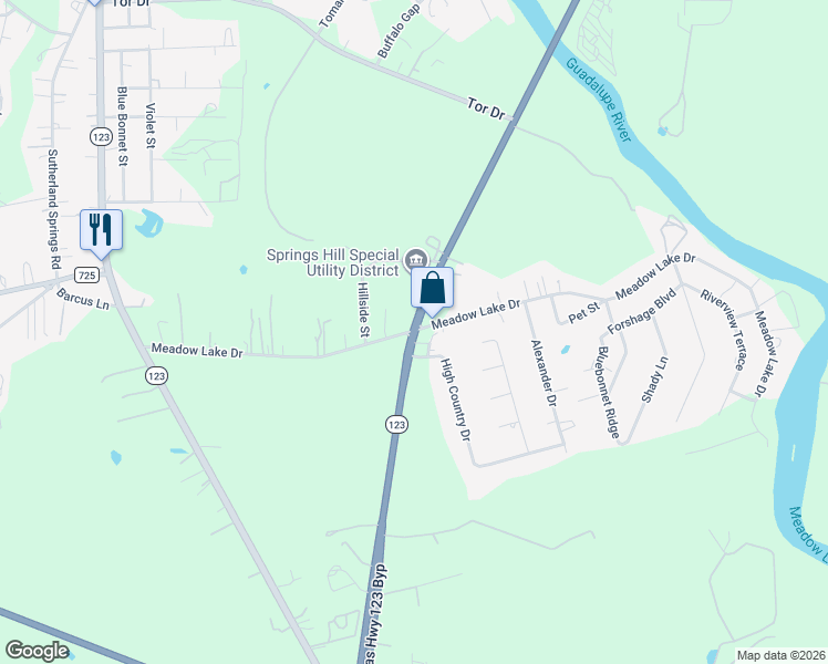 map of restaurants, bars, coffee shops, grocery stores, and more near 121 Hillside Street in Seguin