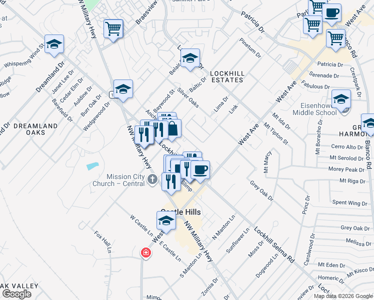 map of restaurants, bars, coffee shops, grocery stores, and more near 1718 Cedric Lane in San Antonio