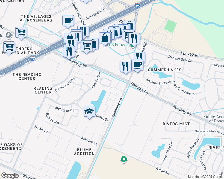 map of restaurants, bars, coffee shops, grocery stores, and more near 7210 Reading Road in Rosenberg