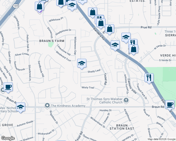 map of restaurants, bars, coffee shops, grocery stores, and more near 8914 Shady Hills in San Antonio