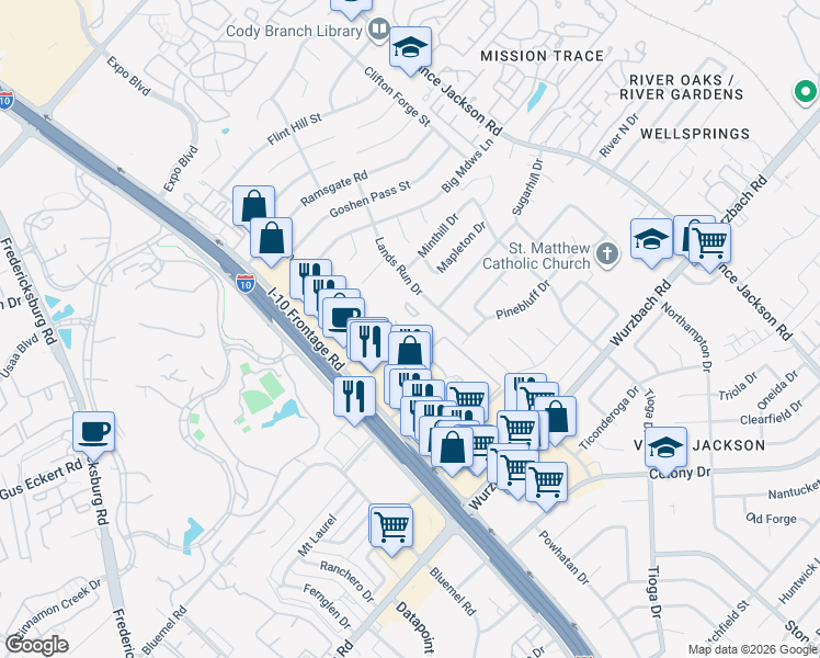 map of restaurants, bars, coffee shops, grocery stores, and more near 4330 Spectrum 1 in San Antonio
