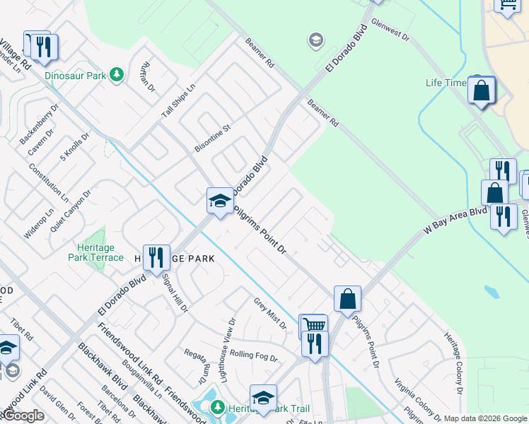 map of restaurants, bars, coffee shops, grocery stores, and more near 2338 Colonial Ridge Drive in Friendswood