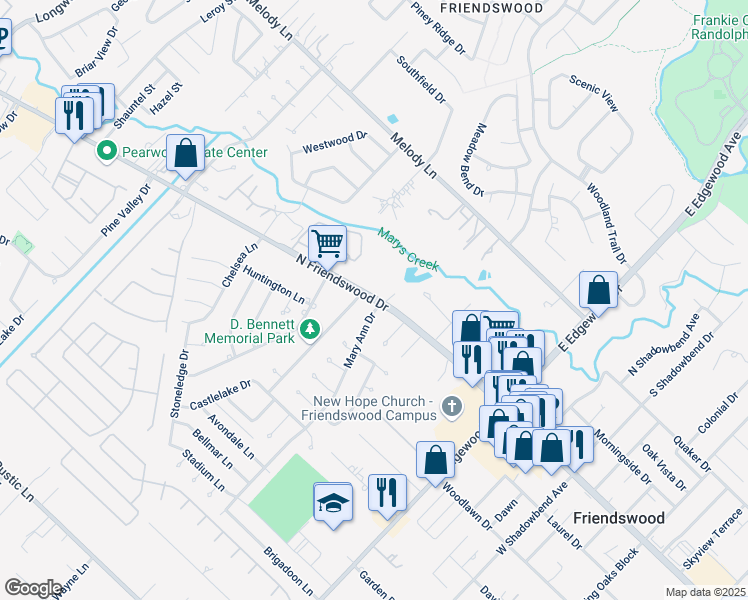 map of restaurants, bars, coffee shops, grocery stores, and more near North Friendswood Drive in Friendswood