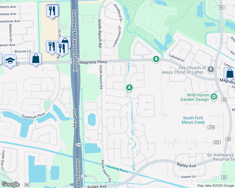 map of restaurants, bars, coffee shops, grocery stores, and more near 2618 Misty Grove Drive in Manvel