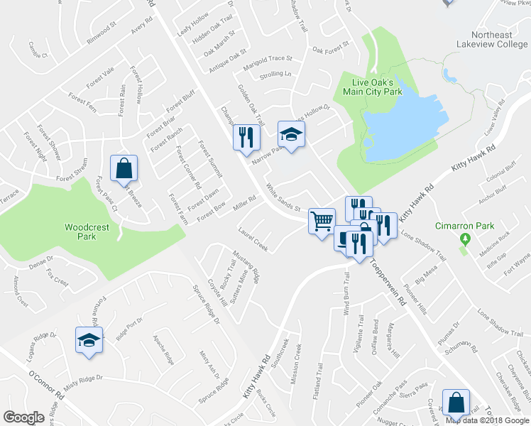 map of restaurants, bars, coffee shops, grocery stores, and more near 10846 Laurel Creek in Converse