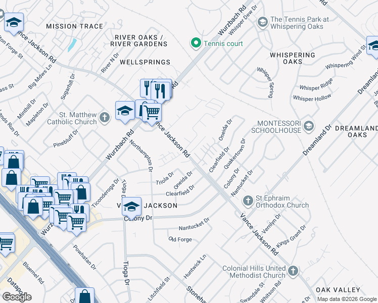 map of restaurants, bars, coffee shops, grocery stores, and more near 6245 Vance Jackson Road in San Antonio