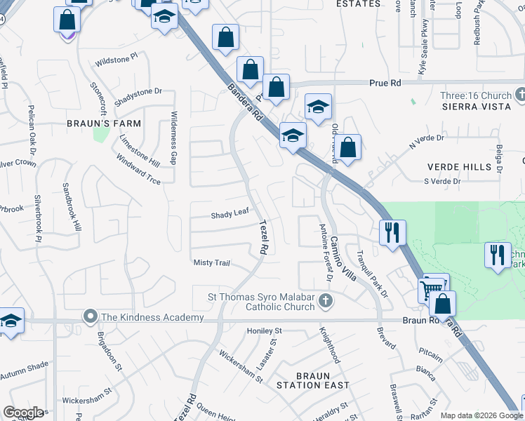 map of restaurants, bars, coffee shops, grocery stores, and more near 10030 Tezel Road in San Antonio