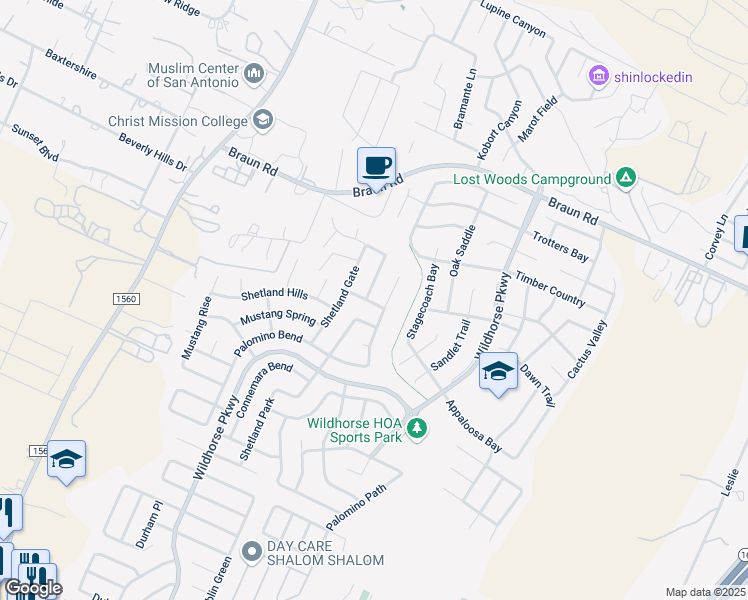 map of restaurants, bars, coffee shops, grocery stores, and more near 10207 Caspian Bend in San Antonio